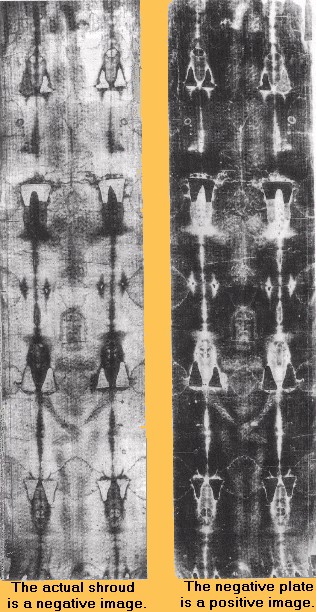Negative and positive black and white photos of the shroud.